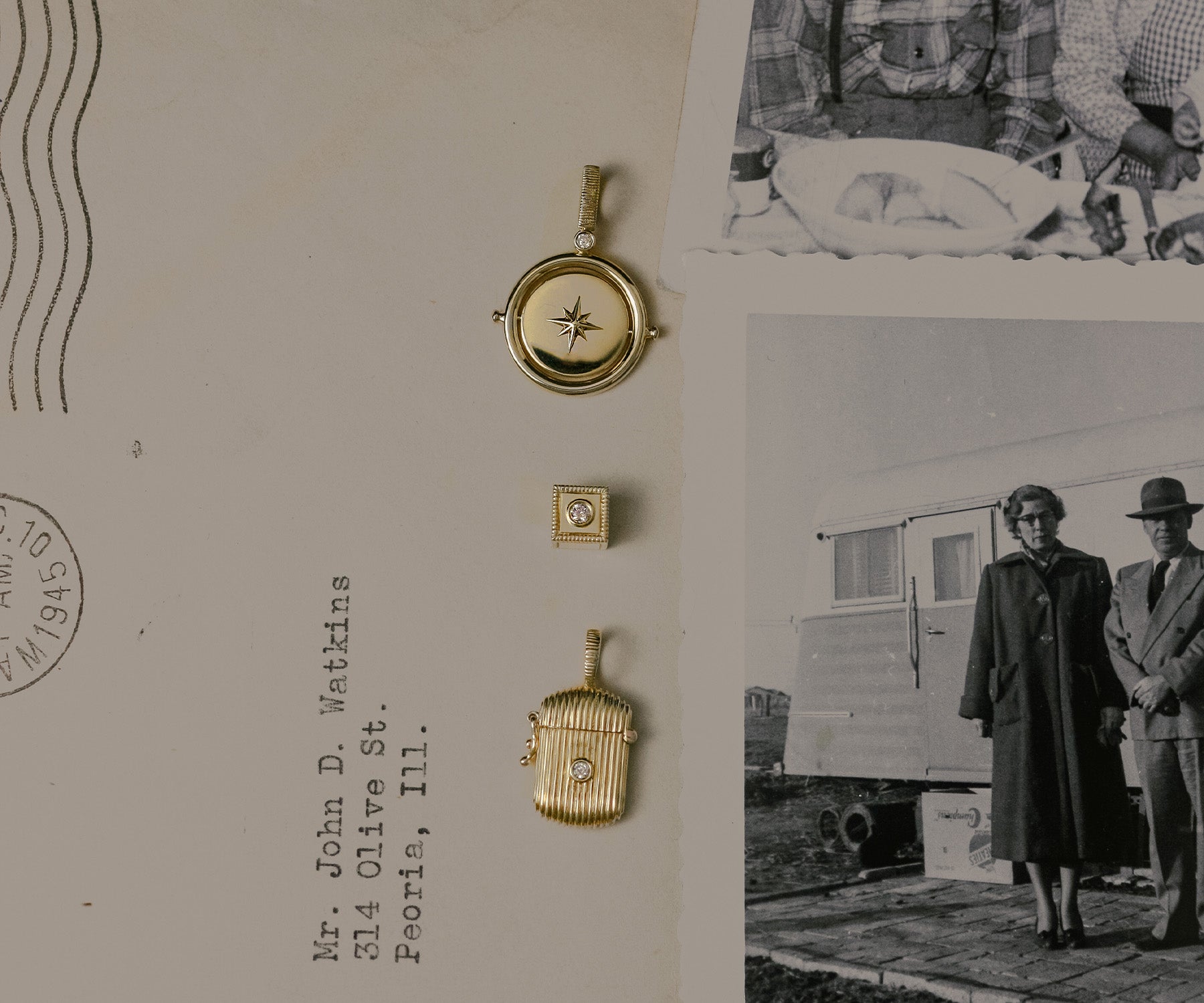 A Kinn 14k gold North Star Diamond Pendant, Chapter Diamond Birthstone Charm, and Relic Ribbed Diamond Locket pendant laying flat in a row against an old letter and photographs