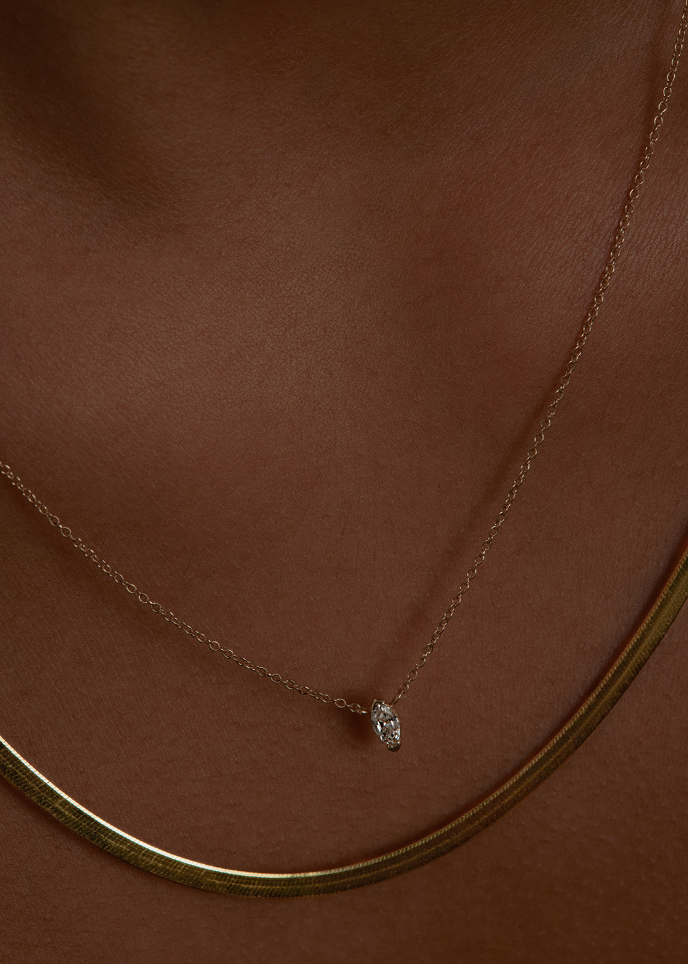 alt="Carter Herringbone Chain II & Marquise Diamond Necklace Stack"