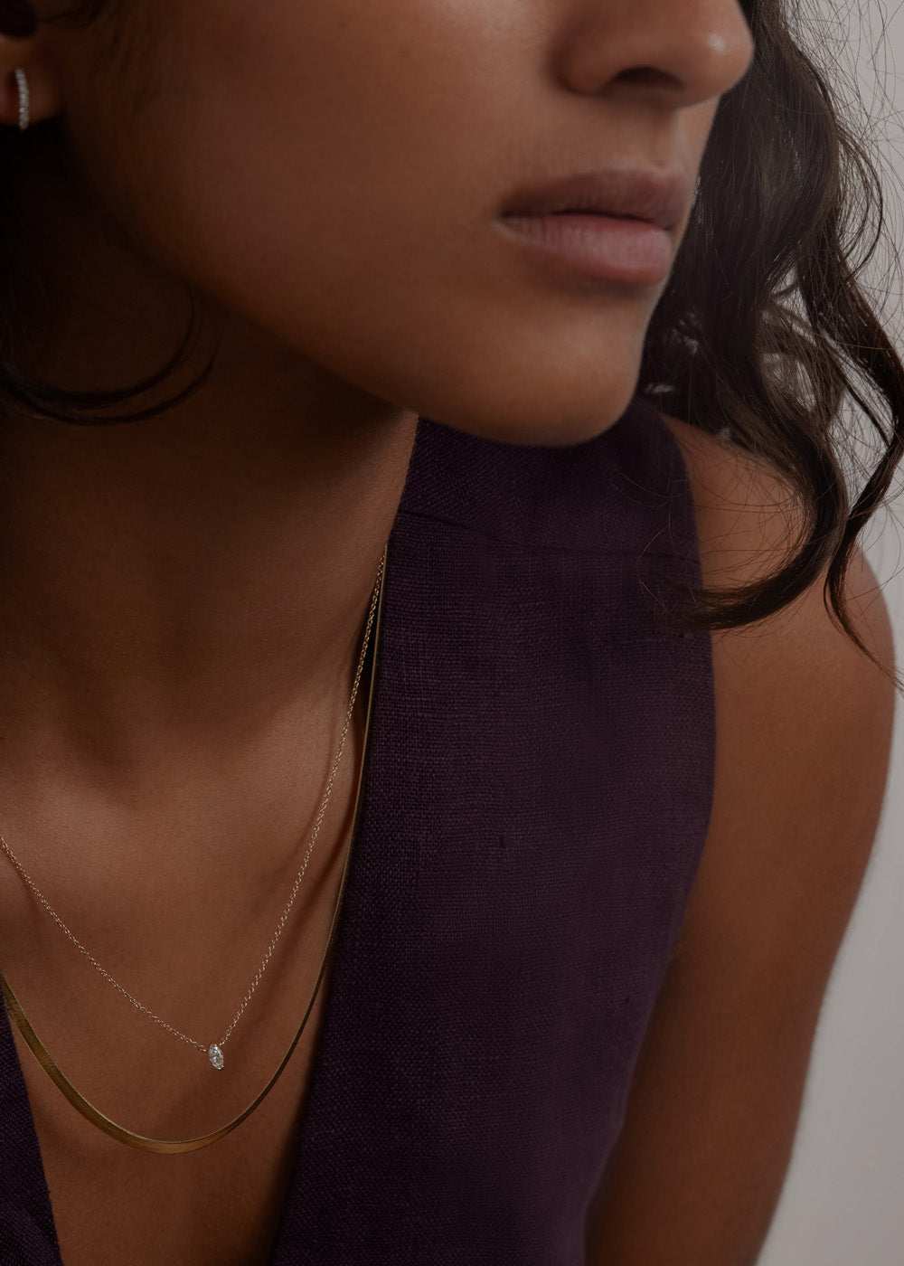 alt="Carter Herringbone Chain II & Marquise Diamond Necklace Stack"