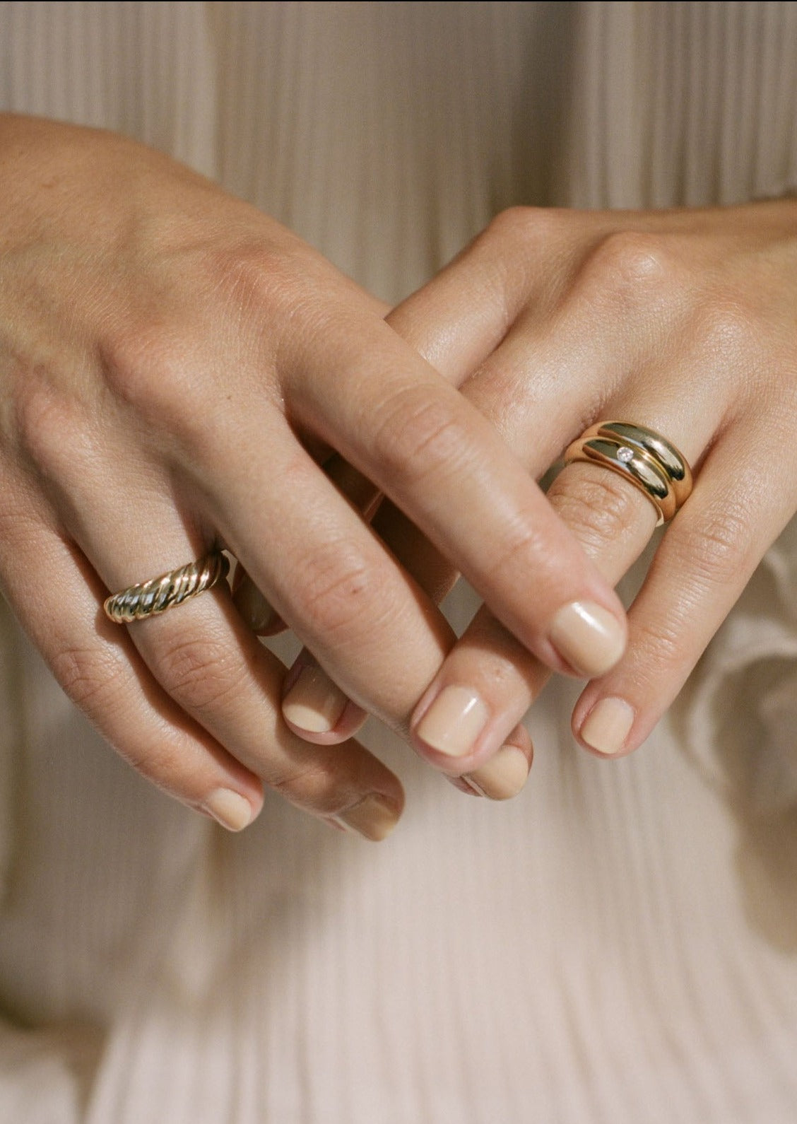 alt="Dare To Love Dome Ring I styled with an amelia dome ring I diamond and the claudine twist ring II"