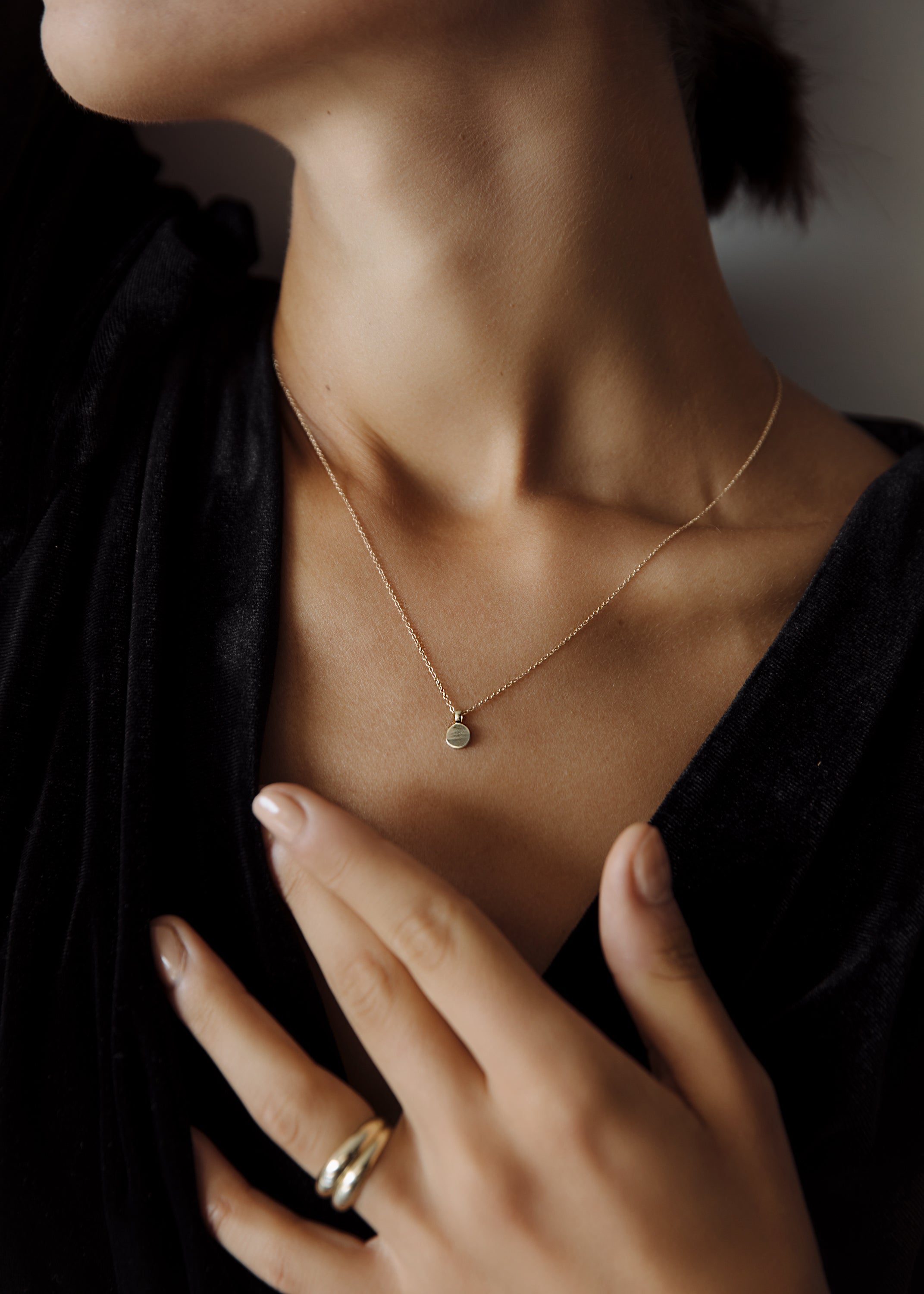 alt="Round Initial Disc Necklace with double dare to love dome ring (gold & gold)"