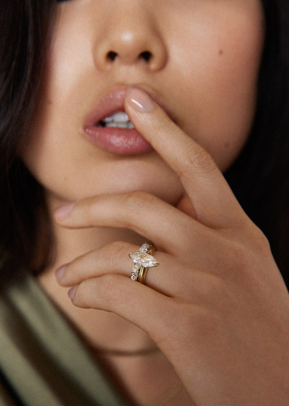 alt="The Daphne styled with the Marquise Eternity Ring"